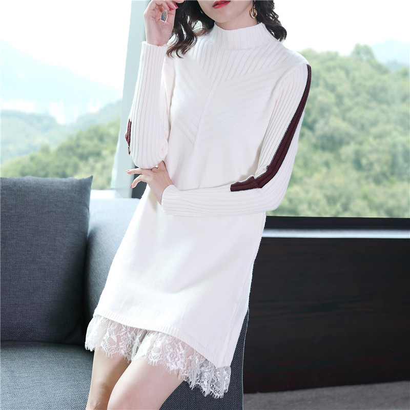Half-high Collar Mid-length Sweater Women's Pullover Autumn And Winter Korean Loose Lace Rimming 210427