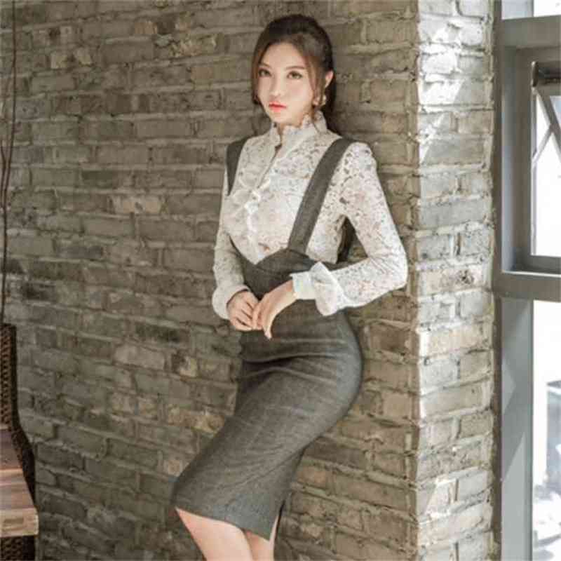 Spring Women 2 Piece Set Dress Fashion White Hollow Out Lace Blouse + Gray Vest Pencil Bodycon Skirt 210519
Spring Women 2 Piece Set Dress Fashion White Hollow Out Lace Blouse + Gray Vest Pencil Bodycon Skirt 210519