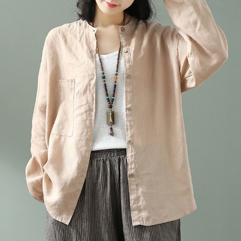 Spring Autumn Arts Style Women Long Sleeve Shirts Solid Cotton Linen Loose Casual O-neck Blouse vintage Ladies Tops D435 210512