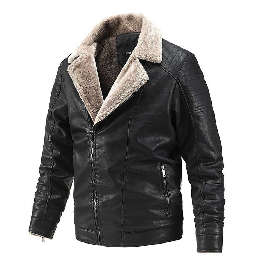 Men Leather Bomber Jacket Turndown Collar Fleece Lined Autumn Winter Jacket Men Motorcycle Jacket Men Biker Coat Slim Skinny 211018