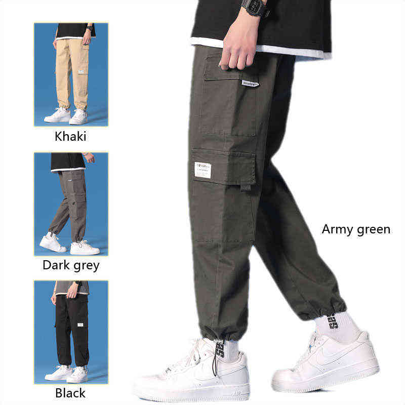 Cargo Pants Men's Spring Leisure Bunched Pants Korean Hong Kong Style Straight Leg Loose Nine Cent Pants Khaki 211119