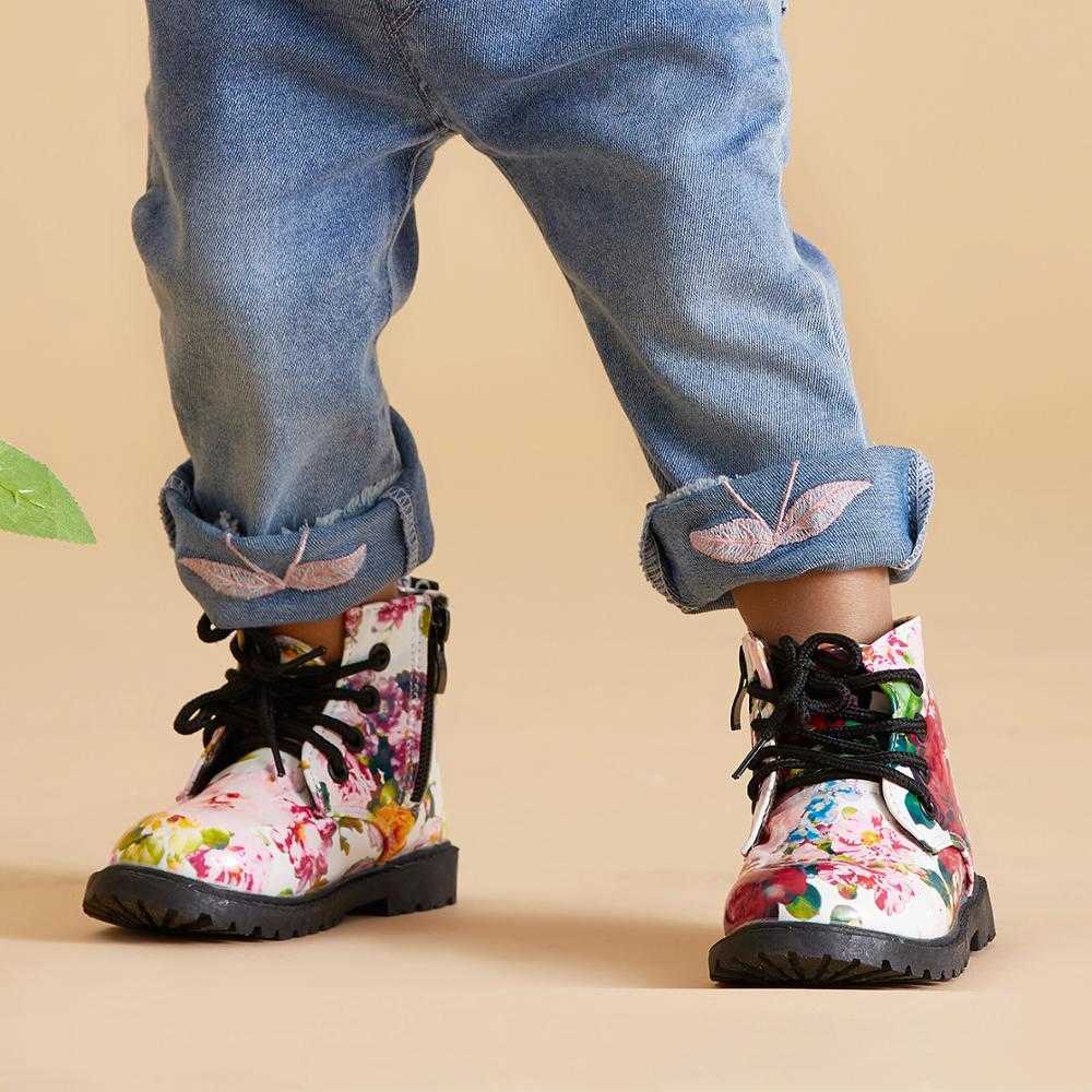 Pretty Floral Lace-up Zipper Martin Boots for Toddler Girl 210528