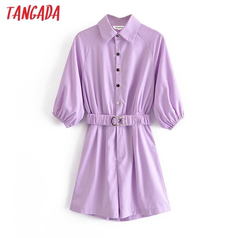 Women Summer Purple Playsuits with Belt Elastic Waist Short Sleeve Rompers Ladies Casual Chic Jumpsuits JE05 210416