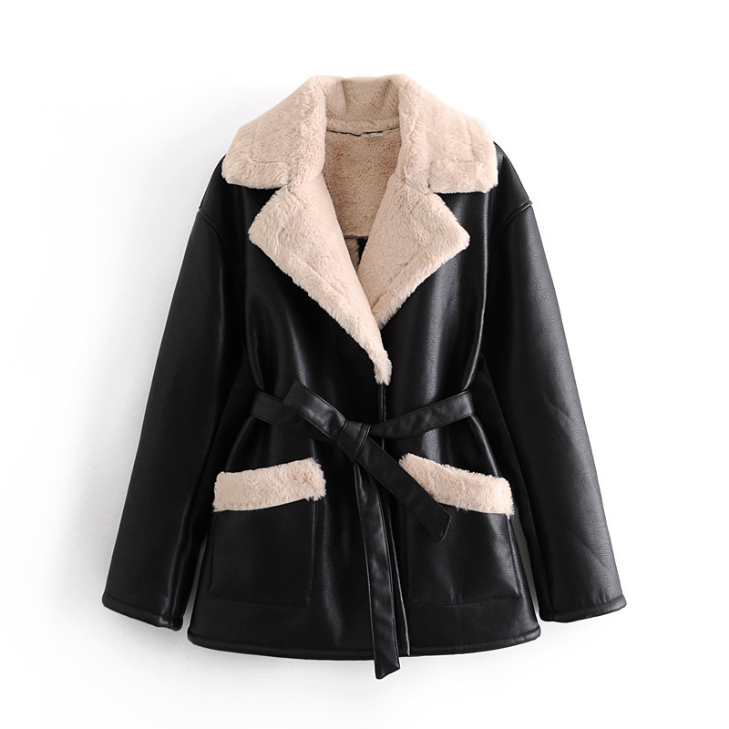 Winter coat women thick black PU leather jacket long sleeve faux fur Jacket Punk belt motorcycle 210521