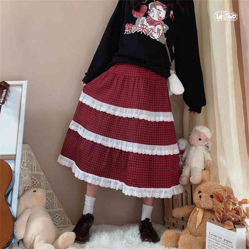 Christmas Skirts Elegant Plaid Sweet High Waist Female Japanese Kawaii Lace Chiffon Midi Korean Skirt 210510