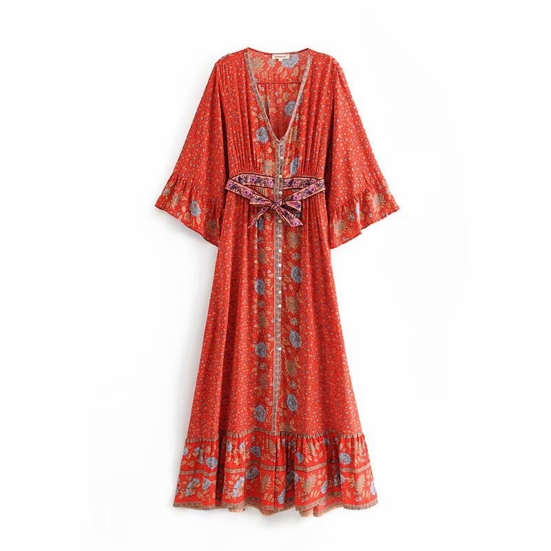 Fashion Summer Women's Sunflower Print Waist Tie Flared Sleeves Boho Long Maxi Dress Beach Vacation 210514