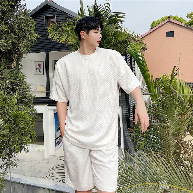 IEFB Summer Trend Personalized Three-dimensional Embossed Lattice White Short Sleeve T-shirt + Shorts Men's Set 9Y7742 210524