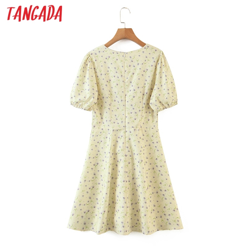 Summer Women Yellow Flowers Print Pleated Square Neck Short Sleeve Ladies Mini Dress 8M2 210416
