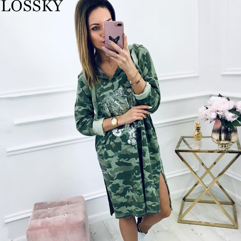Autumn Winter Skull Camouflage Print Casual Loose Side Split Long Sleeve Hooded Camo Streetwear Hoodie Dress For Women Lady 210507