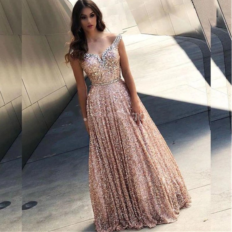 Off The Shoulder Prom Dresses Full Sequins A Line Dusty Pink Evening Dresses Long Beaded Floor Length Formal Party Wear Gowns Event
