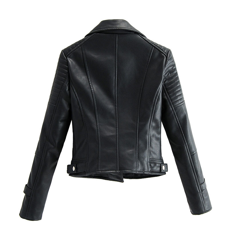 Women Fashion Solid Motorcyle Jacket Faux Leather Long Sleeve Coat Turn Down Collar Streetwear Zipper Jackets 210414