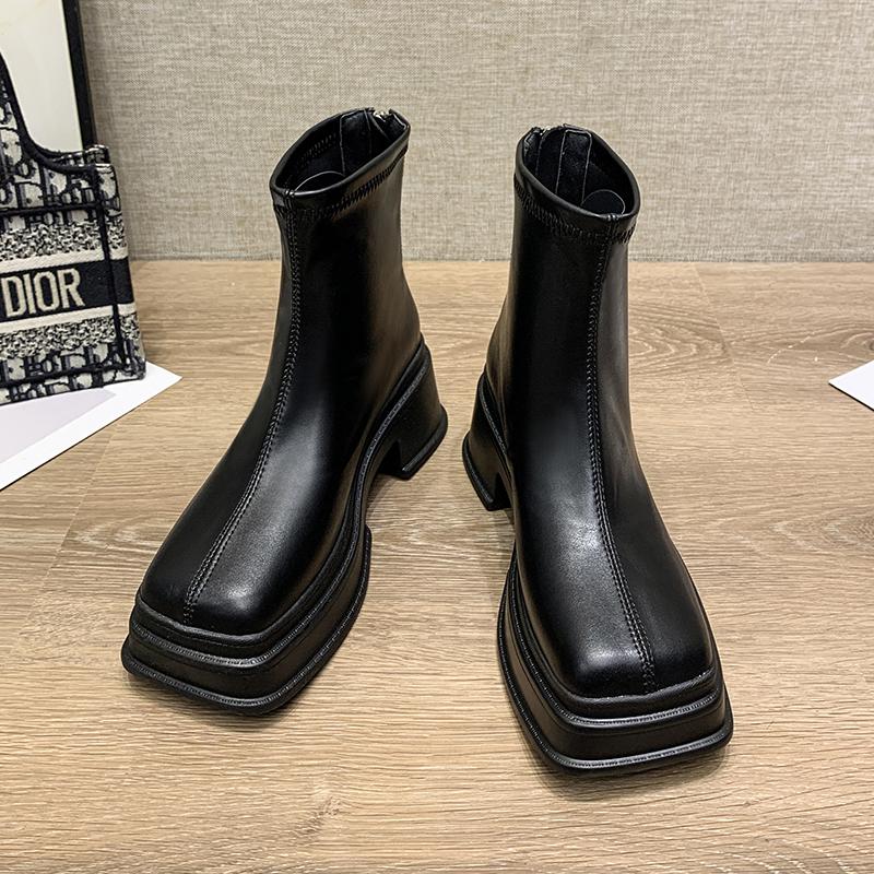 Boots Classic 6 Cm Thick Heels Bare Platform Women 2021 Autumn Fashion Square Toe Back Zip Office Ladies Boot High Quality