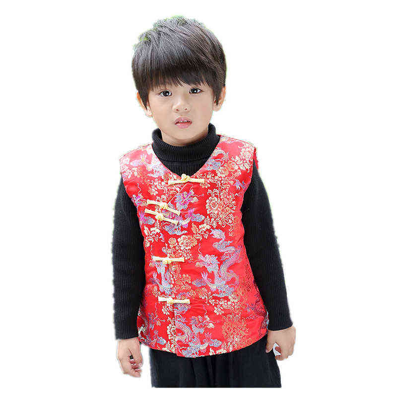 Red Celebration Children Vest Coat Chinese Year Baby Boy Clothes Winter Thick Kids Outfits Outwear Kid Waistcoat Dragon 211203
