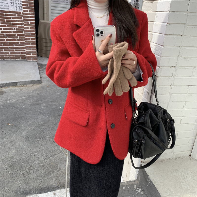 Office Lady Outerwear Woolen Warm Loose Chic Vintage Casual Women Blazers Jacket Streetwear Coats Long Sleeve 210421