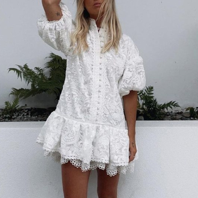 VGH Elegant Patchwork Lace Women's Dress O Turtleneck Puff Sleeve High Waist White Dresses Female Fashion New Clothing Fall 210421