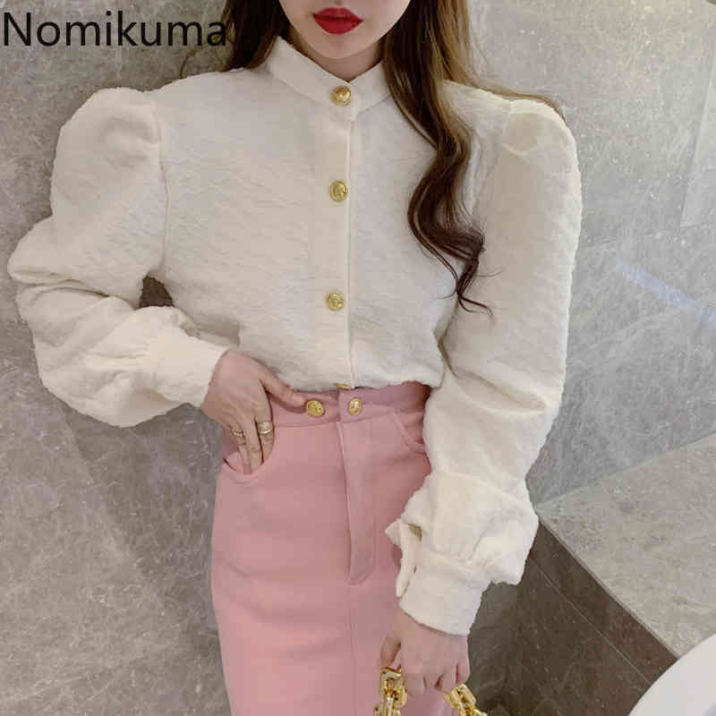 Nomikuma Women Blouse Causal Puff Sleeve Stand Neck Shirt Korean Single Breasted Blusas Femme Spring New Tops 6D976 210427