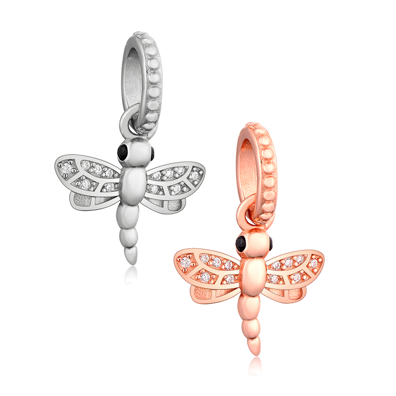 Fit Original Brand Pan Charm Bracelet 925 Silver Rose Gold Animal Insect Dragonfly Zirconia Pendant Bead Women Spring Berloque