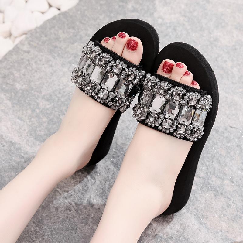 Slippers Rhinestone Ladies Creepers Summer High Heels Slides Beach Shoes Woman Crystal Beaded Wedges Platform Sandals Open Toe Slippers42