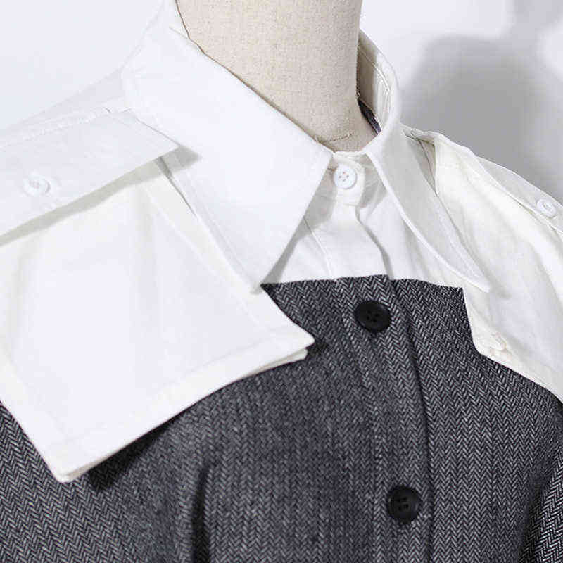 DEAT Women Gray High Street Patchwork Blazer Lapel Long Sleeve Loose Fit Jacket Fashion Autumn Winter GX907 211122