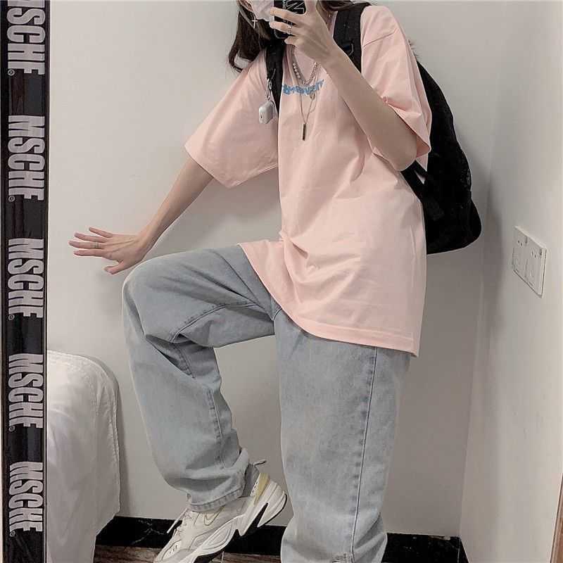 Light pink all-match T-shirt summer Harajuku BF Hong Kong style short-sleeved women's trend letter printing oversize tops 210526