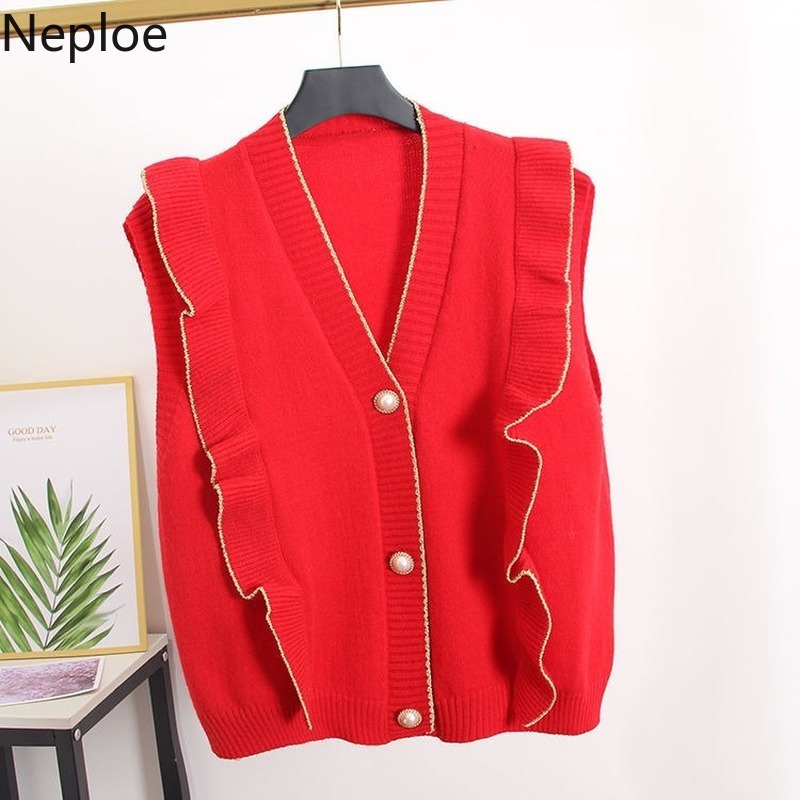 Neploe Knit Sweaters Vest Korean Loose V-neck Sleeveless Waistcoat Sweet Ruffles Fashion Coat Autumn Winter Clothes Tank Tops 210422