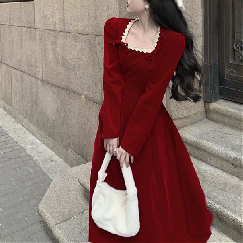 Vintage Midi Dress Women Spring Long Sleeve Bow Square Collar Dress Korean Party French Elegant Dress Female 210521