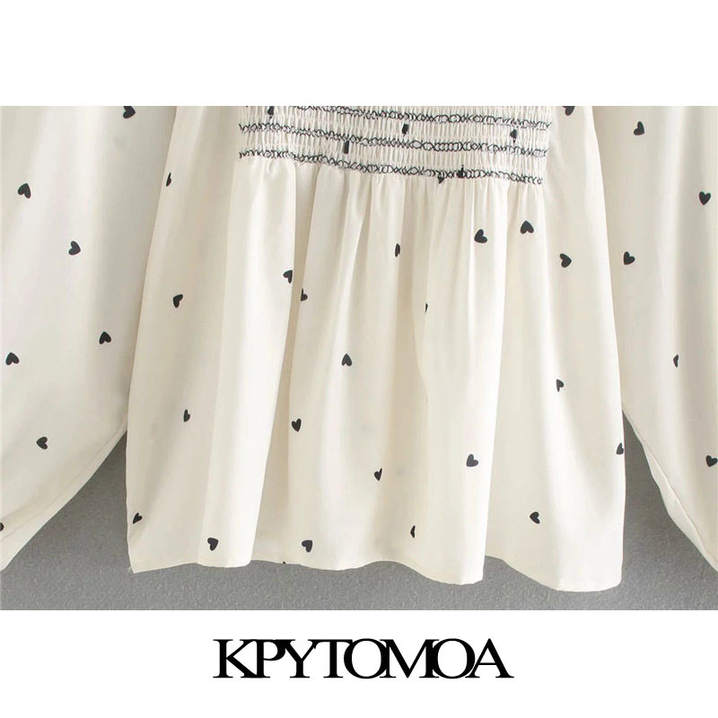 Women Sweet Fashion Hearts Print Smocked Elastic Blouses Lantern Sleeve O Neck Female Shirts Chic Tops 210420