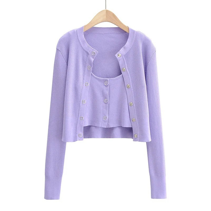 2 piece Set Autumn Winter Romantic Purple Knitted Cardigan Cropped Tank Top Single-breasted Button Short Sweater Slim fit Jumper 210429