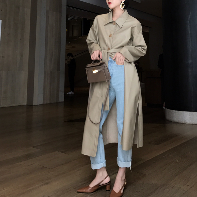 spring turn-down collar PU leather single breasted waist belt confortable trench coat female fashion YG625 210427