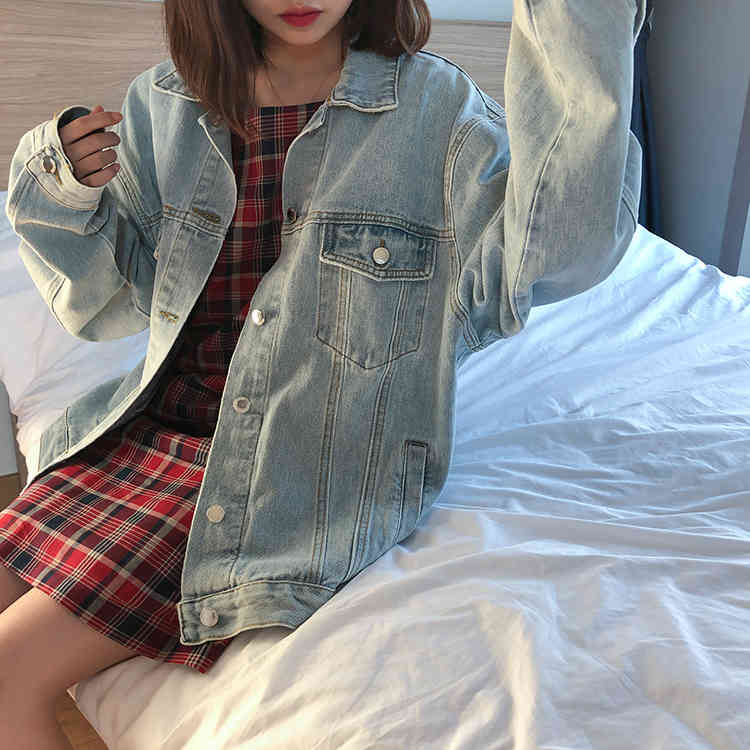 light blue Jeans Jacket Women loose vintage Denim Jacket Femme preppy style Bomber Jacket Basic Coats womens (F6398) 210423