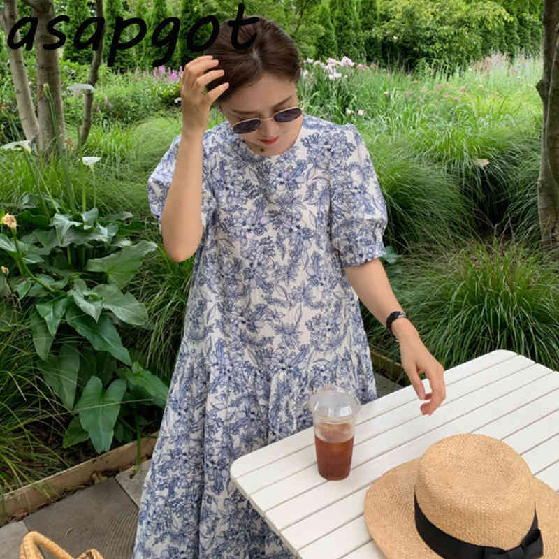 Korean Chic Summer Retro Sketch Print Dress Casual Round Neck Loose Bubble Short Sleeve Women Rufles Hand Painted 210429