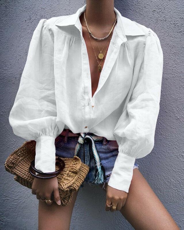 women shirt v neck regular casual plain loose blouse long sleeve autumn lantern shirts, White
women shirt v neck regular casual plain loose blouse long sleeve autumn lantern shirts, White