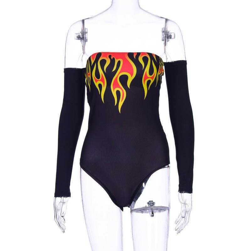 Colysmo Flame Print Sexy Bodysuit Women Off Shoulder Club Party suits Female Black Long Sleeve Mujer Woman Clothes 210527