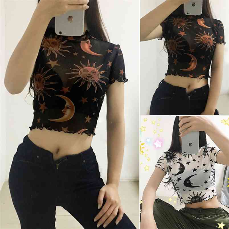 Women T-Shirt Mesh Sheer See-through Short Sleeve Ladies Turtleneck Moon Stars Printed Tops Clothing 210522, White
Women T-Shirt Mesh Sheer See-through Short Sleeve Ladies Turtleneck Moon Stars Printed Tops Clothing 210522, White