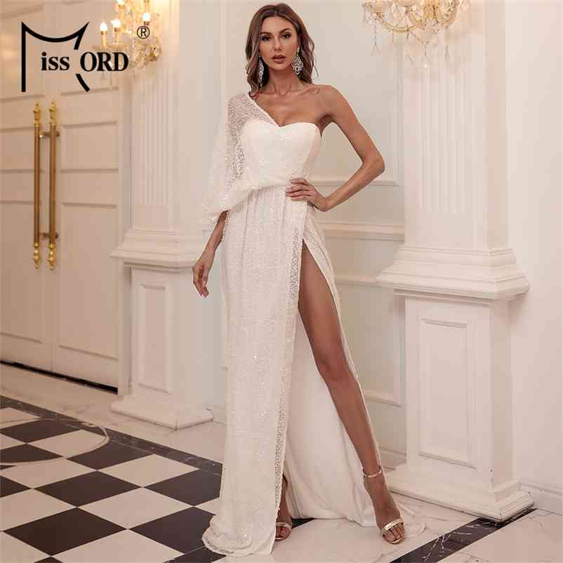 Missord Sexy One Shoulder Sequin Evening Party Dress Floor Length Maxi Dress Solid Color High Split Backless Women Dress M0843 210331