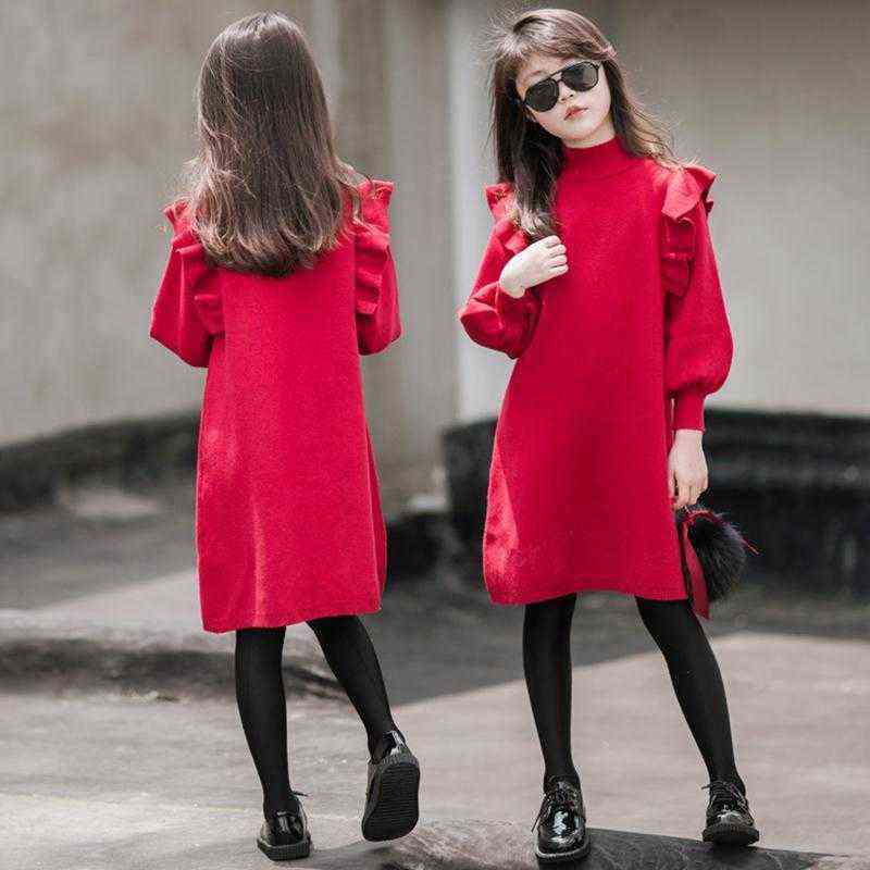Children Kids Girls Clothes Red Spring Knitted Ruffles Teen Girl's Long Sleeve Sweater Dresses 4 5 6 7 8 9 10 11 12 13 14 Years 211103