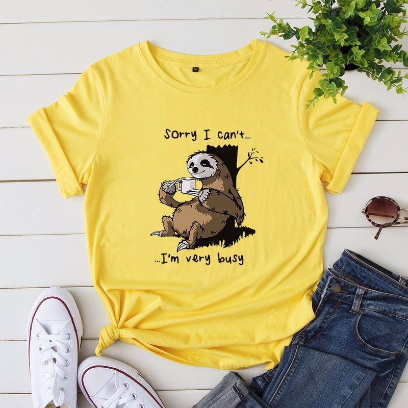 JCGO Women T-shirt Summer Short Sleeve Cotton Plus Size S-5XL Cute Lazy Sloth Print Funny Casual O Neck Female Tshirt Tees Tops 210406