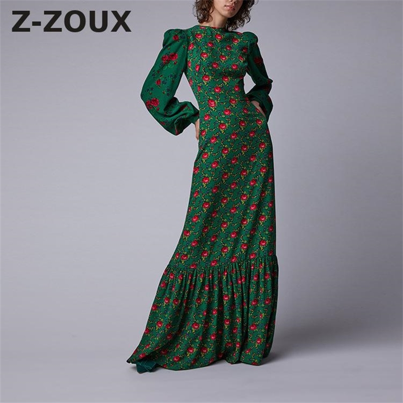 GETSPRING Women Dress Lantern Sleeve O-Neck Printing Mermaid Dresses Long Round Neck Plus Size 210513