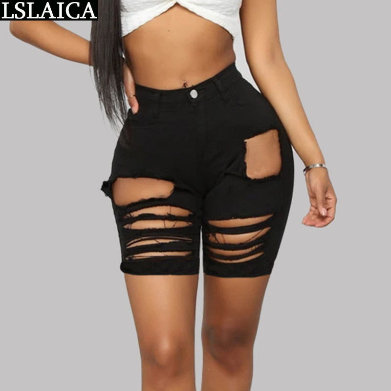 Shorts Women All Match High-waist Denim Half With Big Holes Solid Color Fashion Personalized Casual Mujer Pantalones 210520