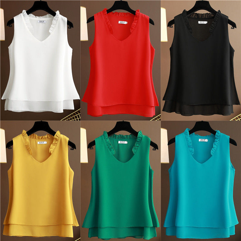 Summer Fashion Women Sleeveless Ruffles V-neck Double-deck Chiffon Shirts Casual Loose Blouses Femme Tops Plus Size S757 210512