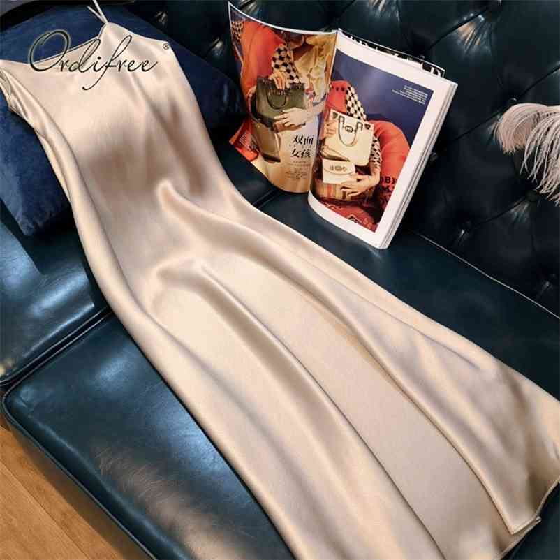 Ordfree Summer Women Long Satin Slip Dress Spaghetti Strap Elegant Lady Sexy Satin Party Dress Plus Size S-4XL 210331Z