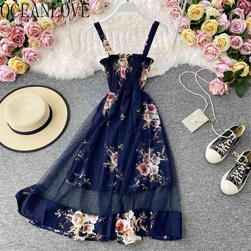 OCEANLOVE Summer Dress Floral Beach Style Mesh Chiffon Vestidos Moda Coreana Elegant Robes Sexy Vinatge Dresses Women 17160 210331Z