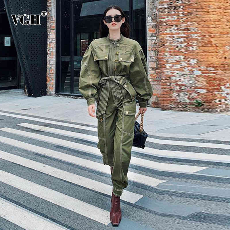 VGH Casual Patchwork Jumpsuit For Women Stand Collar Lantern Sleeve High Waist Lace Up Bowknot Jumpsuits Female Fashion New Fall 210421