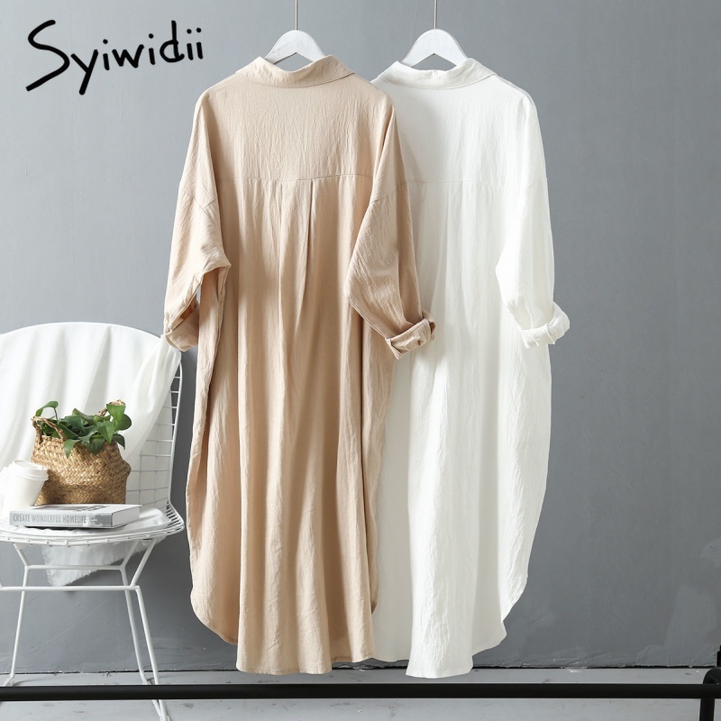 Syiwidii Woman Long Shirt Dress Cotton Korean Fashion Clothing White Plus Size Big Shirt Dresses Spring Long Sleeve Loose 210409