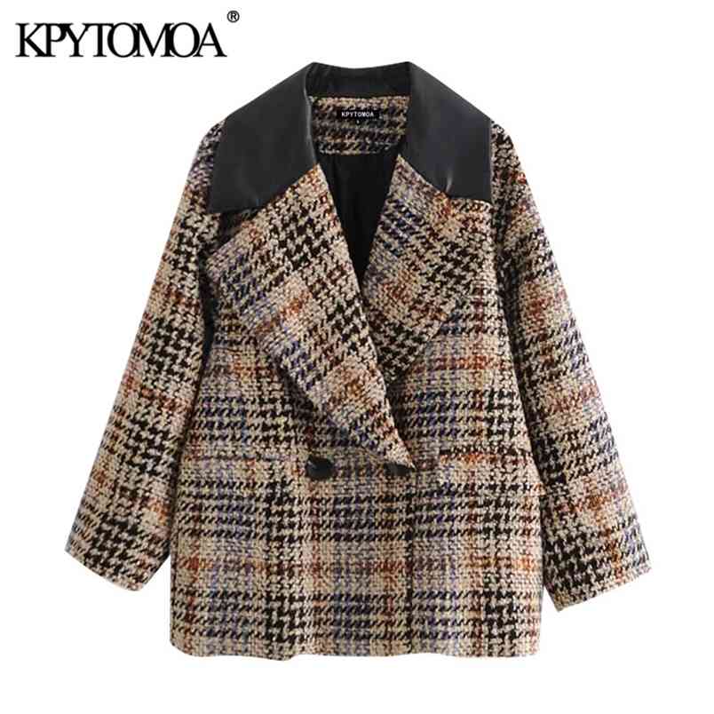 Women Fashion Patchwork Check Loose Tweed Blazers Coat Long Sleeve Pockets Female Outerwear Chic Tops 210420
