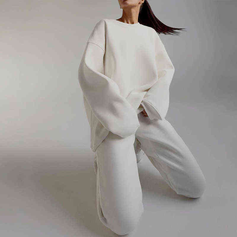 Fleece Women's Long Sleeve Tracksuit Sets Autumn Solid Hoodies Joggers Sportpants Suits Female Casual Sport 2 Piece Set 211116