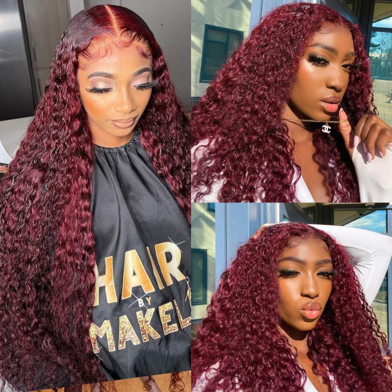 Lace Wigs Luvin 30 Inch 99j Burgundy Deep Wave Front Human Hair Red Colored Water Curly Remy Highlight Frontal Wig For Women