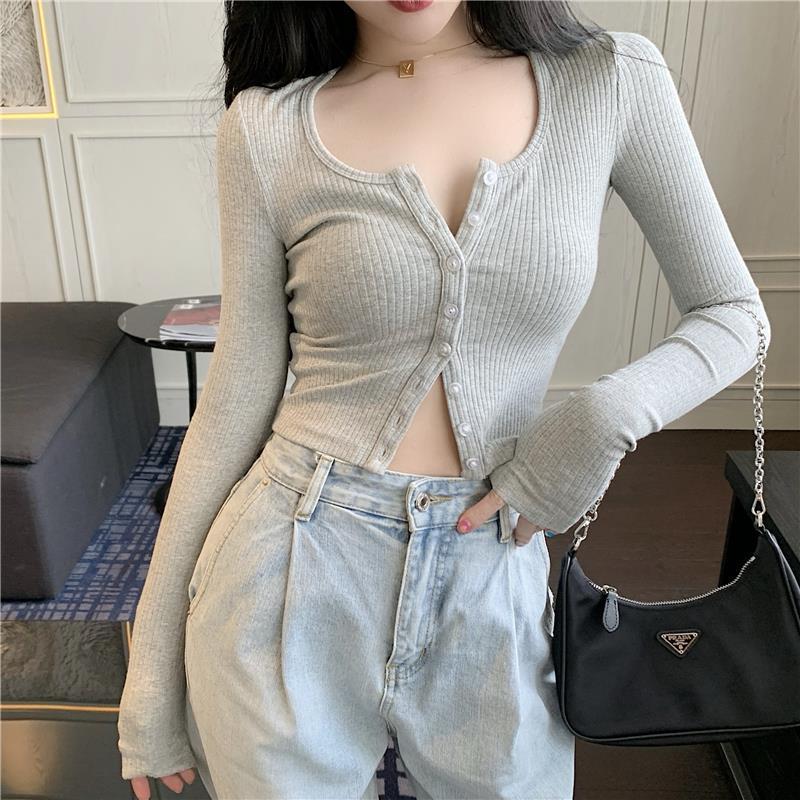 Lucyever Korean Style Short Knitted Sweaters Women Casual O-neck Elastic Cardigans Woman Solid Color Long Sleeve Crop Tops Mujer 210521wtt