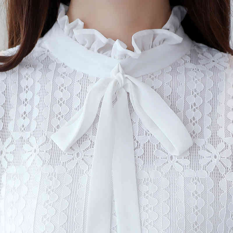 long sleeves women clothing solid lace blouse blusas casual plus size bow stand neck shirts clothes C871 30 210506