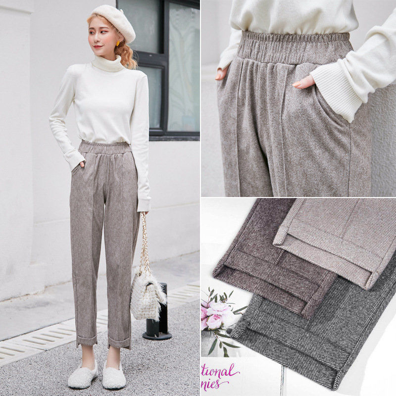 Autumn Winter Woolen Pants Women's Herringbone Harem Elastic Waist Cropped Pencil Leisure Flanging Trousers 210429, Black 
Autumn Winter Woolen Pants Women's Herringbone Harem Elastic Waist Cropped Pencil Leisure Flanging Trousers 210429, Black